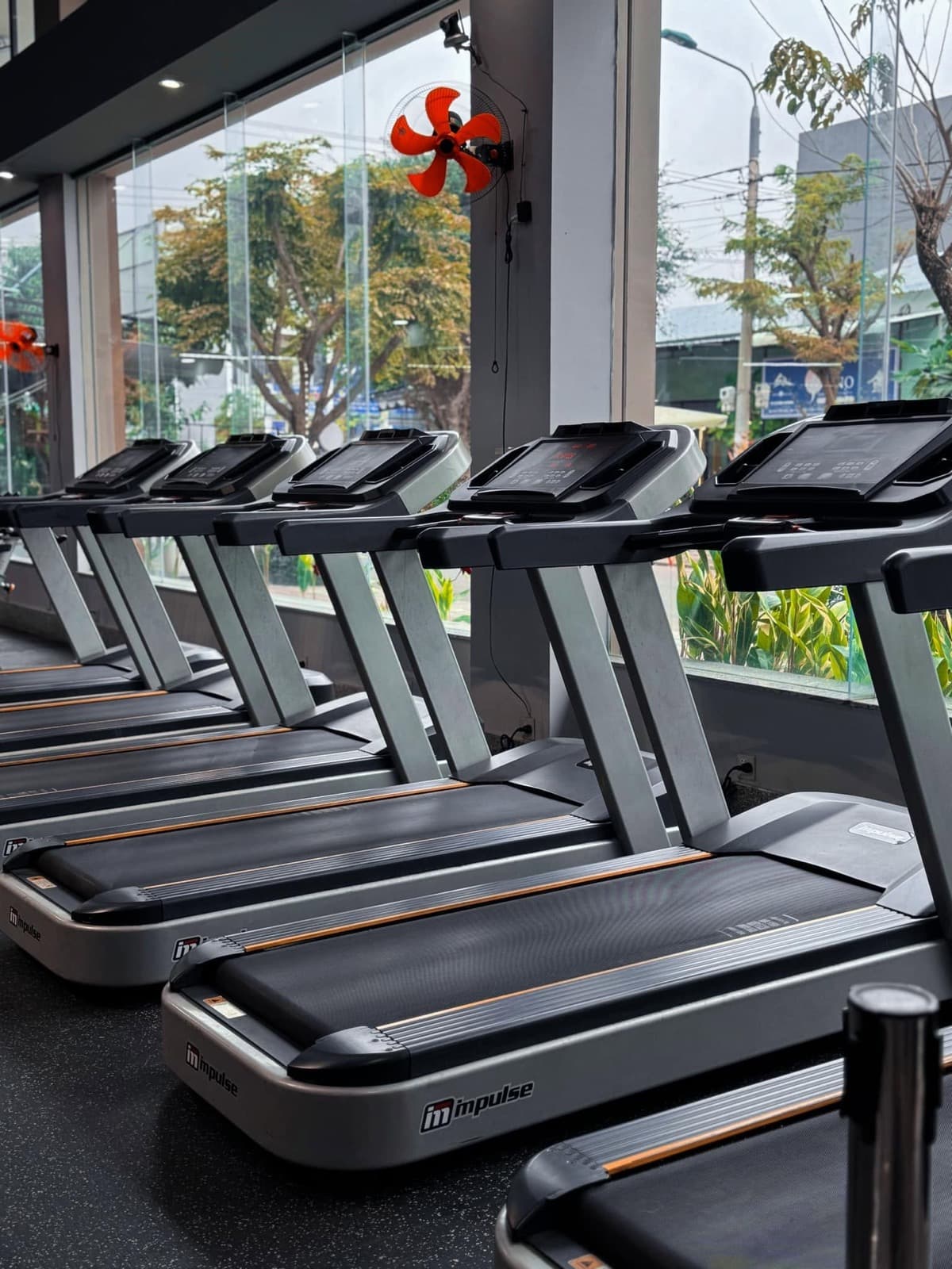 Dãy máy chạy Impulse dọc bức tường kính cao kịch trần